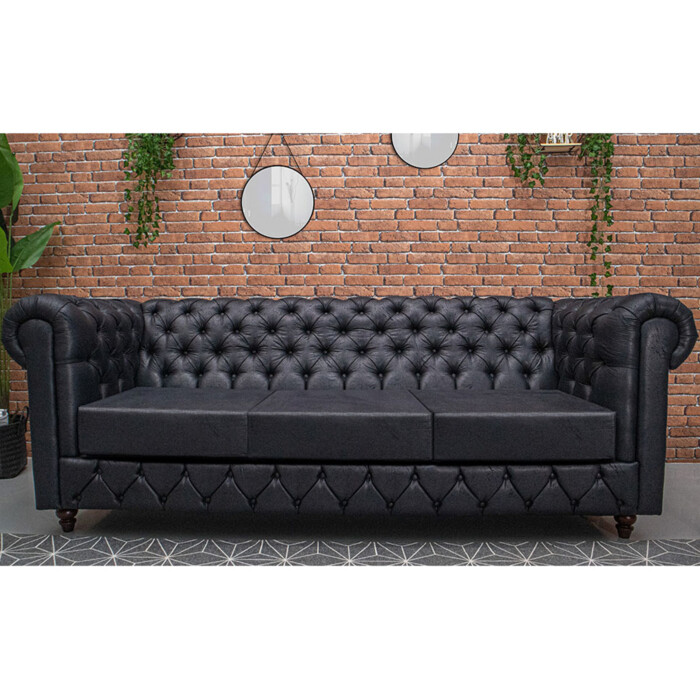 Sofá Chesterfield 2,30m com Capitonê Nobuck Preto